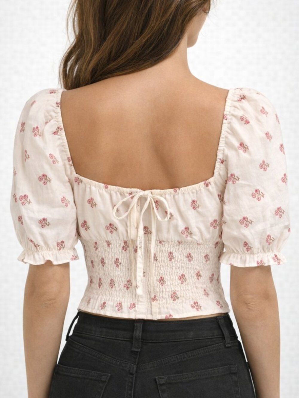 Glamorous Puff Sleeve Floral Crop Top • Pink Cream • Size 6 • NWT - Picture 3 of 12